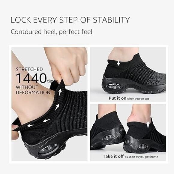 HKR Walking Shoes Arch Support Non Slip Work Shoes Breathable Knit, Black, Sz 8 - Picture 5 of 5